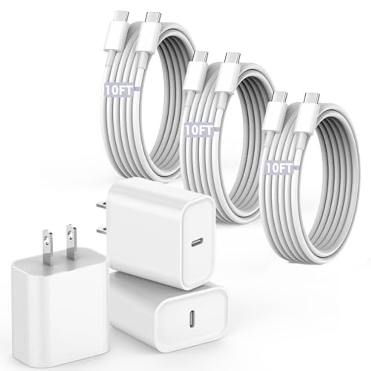10FT Fast Charging Cord for iPhone 17 16e 15,3Pack Extra Long 10Foot USB C to Type C Charger Cable 20W USBC Charger Block Cube Super Quick Charging for iPhone 17 Air/17 16 15 Pro/Plus/Pro Max,iPad Pro