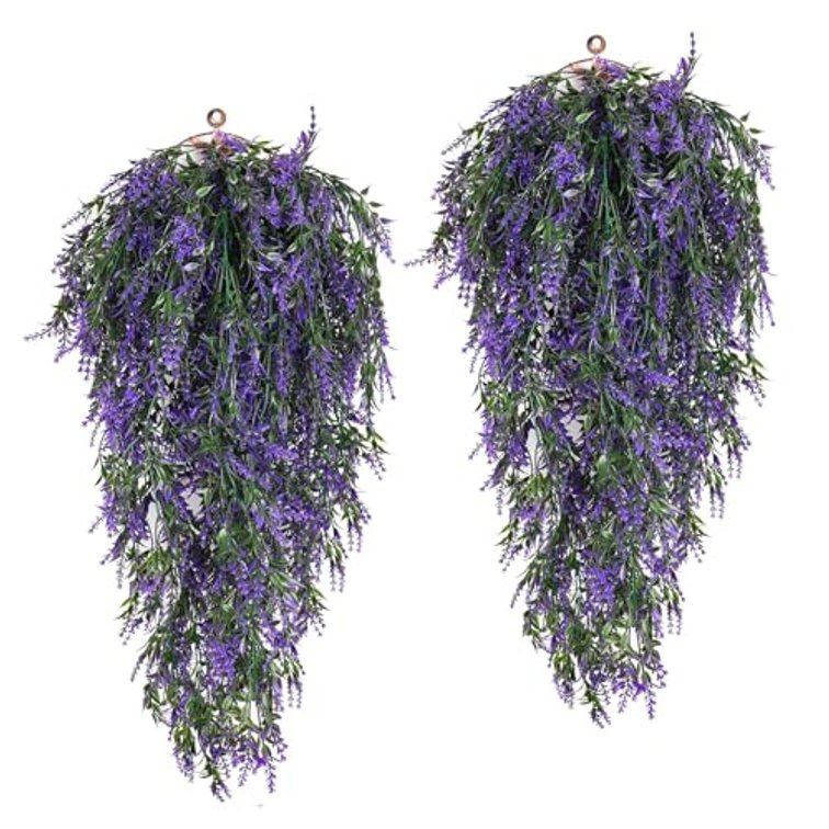 RECUTMS 4Pcs Artificial Purple Hanging Lavender Fake Plants for Outdoors