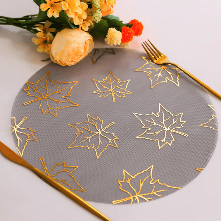 Set of 6 - 24 Pcs Fall Placemats, Black Gold Metallic Maple Leaves Thanksgiving Decoration, 13 inch Round Disposable Placemats
