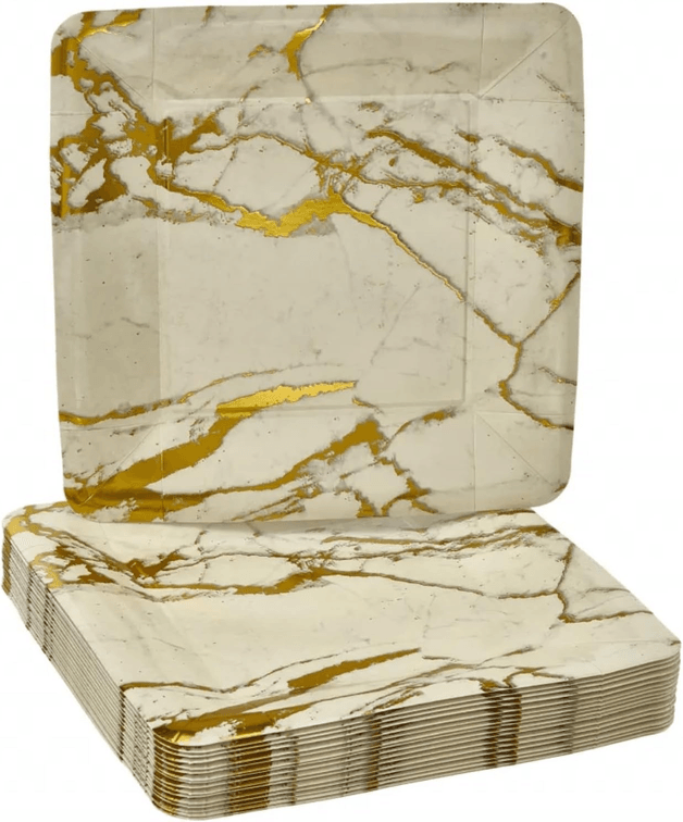 Beige Square Paper Dinner Plates with Metallic Gold Accents - 10.25" (Pack of 18)