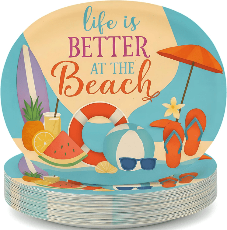 Set of 3 - Colorful Beach Vibes Oval Paper Plates, 12 Inches x 10 Inches, Pack of 10