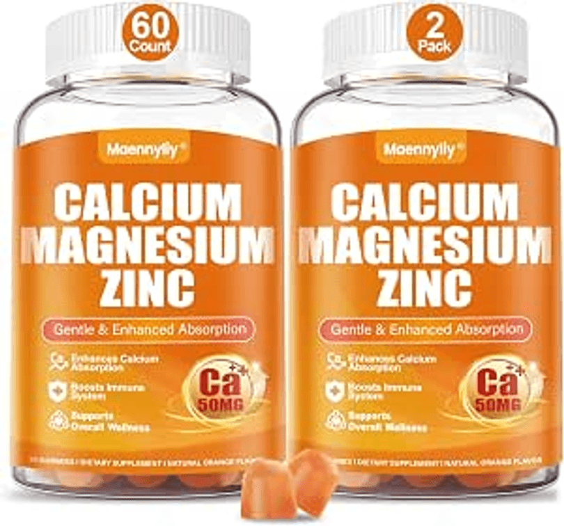 2 pack Calcium, magnesium, and zinc supplement gummies, high absorption calcium citrate gummies for women and men, sugar-free, natural orange flavor, vegan