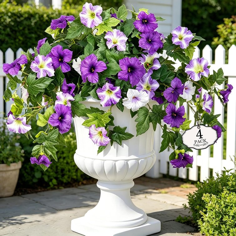 Alotiki Artificial Pansies for Outdoors, 4 Pack Silk Flowers (Purple White)