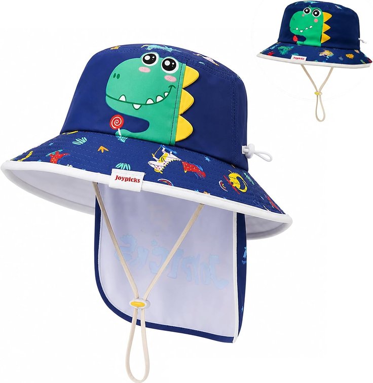 Kids Sun Hat with Neck Flap, Convertible Dinosaur Bucket Hat for Beach