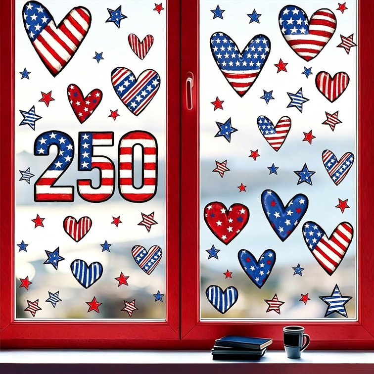 American 250th Anniversary Window Cings Red Blue White Window Decals Window Stickers for Glass Heart Star Patriotic Windows Decoration 4th of July for Independence Day Party Home Glass Decor 6 Sheet