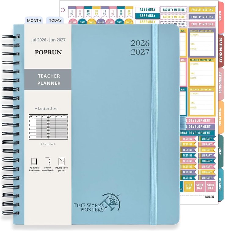 POPRUN Teacher Lesson Planner 2026-2027, (Size-8.5' x 11') with Gradebook