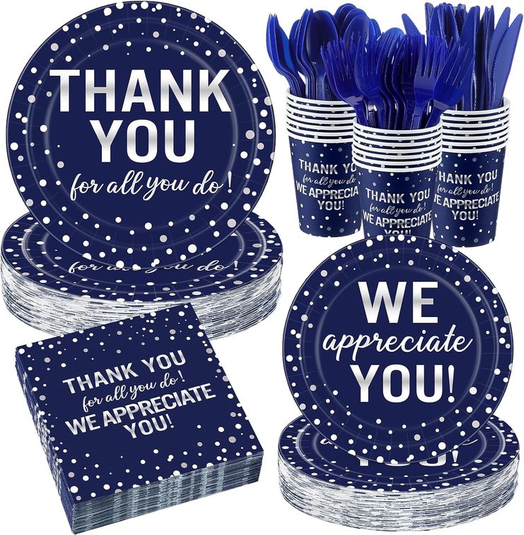 Funnymoom 192 Pcs Graduation Thank You Plates Napkins Appreciation Party Decorations Supplies We Appreciate You Disposable Tableware for Teachers Employee Staff (Blue)