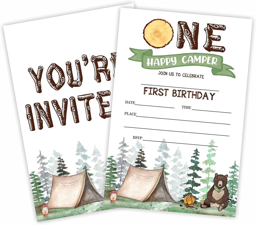 GREOXG Camping Theme First Birthday Party Invitation,One Happy Camper Invite Cards 20 Count With Envelopes, Camp Fire Fill In Style Invite Cards For Boys, Girls, Kids, Birthday Party Supplies-A36