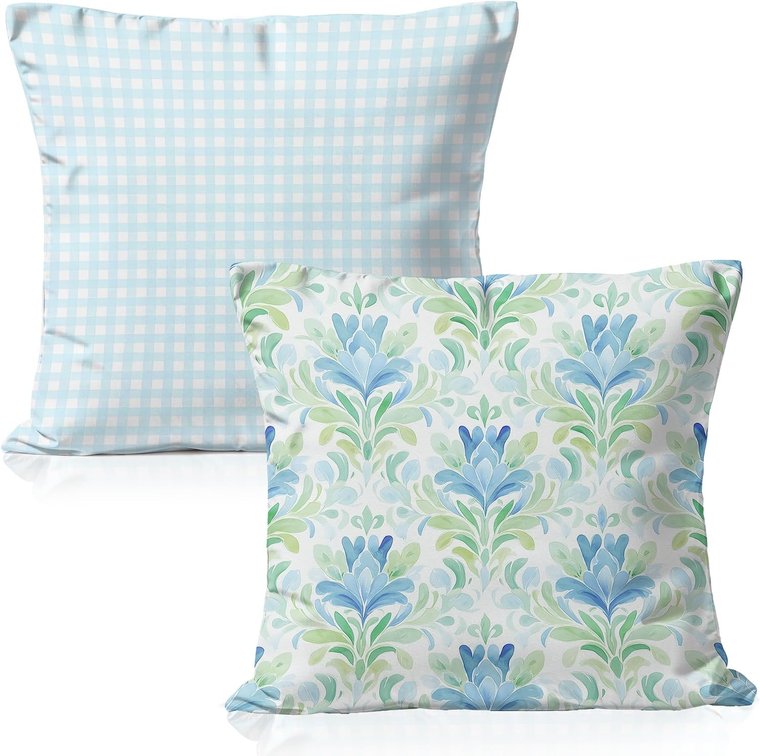 Blue and Green Floral Damask Pillow Cover 18x18 Double-Sided, Light Green Gingham Decorative Throw Pillow Cover Case for Home Bed Couch Sofa Living Room, Set of 2