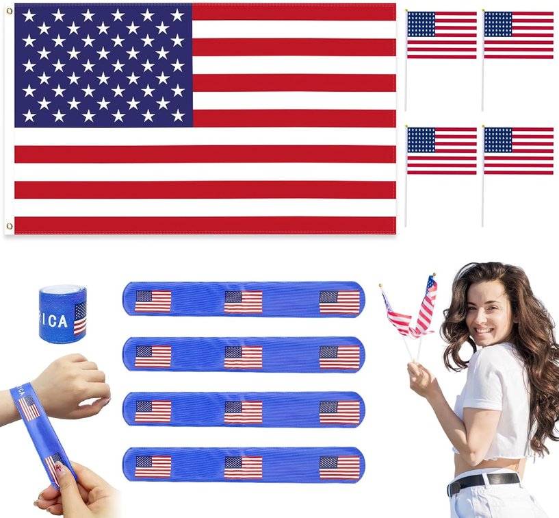 Team USA Cheering Accessories Pack 9 Pcs - 2x3 Ft American Flag, 4 Small US Flags on Stick, 4 Patriotic Slap Bracelets - USA Fan Gear Party Supplies for 2026 Soccer Event, 4th of July, Sports Bar