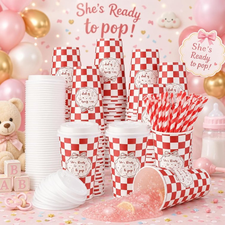 50 Sets 16 oz She's Ready to Pop Coffee Cups with Lids and Straws