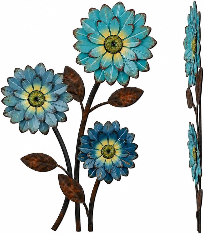 Xuhal Metal Flower Wall Art 15.75 Inch Vintage Daisy Flat Farmhouse, Blue