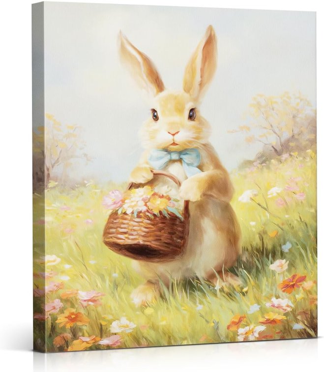 Cute Floral Bunny Easter Wall Art Decor Vintage Bunny Picking Flowers Canvas Print Painting Spring Easter Wall Decorations for Home Farmhouse 8x10 Inch Framed