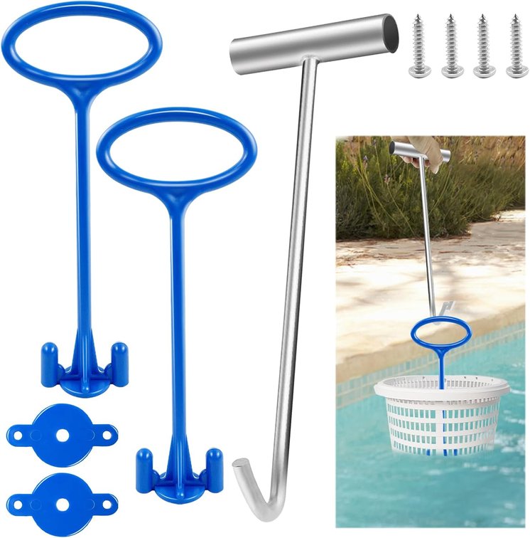 2 Pcs Pool Skimmer Basket Handle with Pool Skimmer Basket Hook, Universal Pool Basket Cleaning Tool Suitable for All Skimming Baskets, Pool Filter Basket Handle Cleaning Tool Pool Accessories