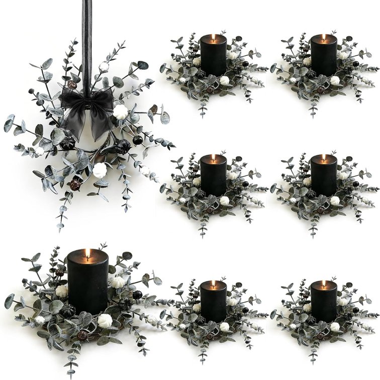 6 Pcs Grey Eucalyptus Halloween Mini Candle Ring Wreaths White Black Mini Pumpkin with Berry Accents Artificial Pillar Candle Holder Wreath for Gothic Rustic Home Cabinet Table Porch Decoration