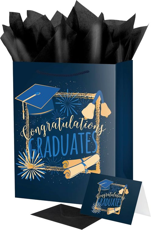 Linelglobal Graduation Gift Bag with Tissue Paper Congrat Grad for 2026 Graduation Decorations 12.6" Medium Navy Blue