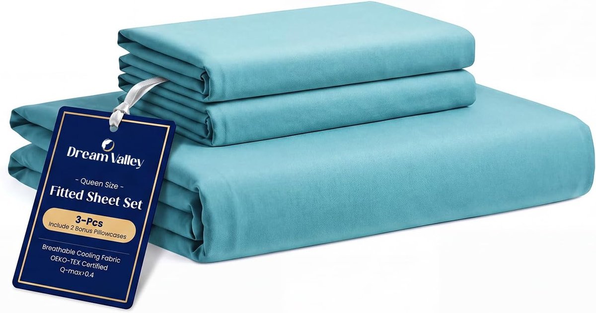 Dream Valley  Queen Size Sheets Set, 1 Cooling Fitted Sheet with 2 Pillowcases -3 PCs with No Flat Sheet, Q-Max> 0.4 Aerocool, Cooling for Night Sweats, Hot Sleepers, Deep Pocket Up to 15", Dream Blue
