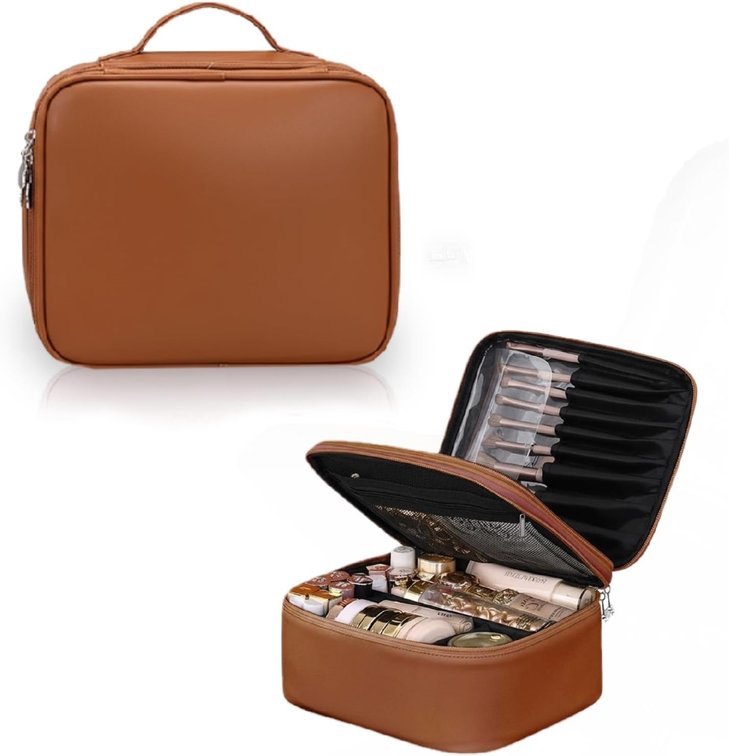 Travel Makeup Bag for Brown and Large Waterproof Cosmetic Case for Women