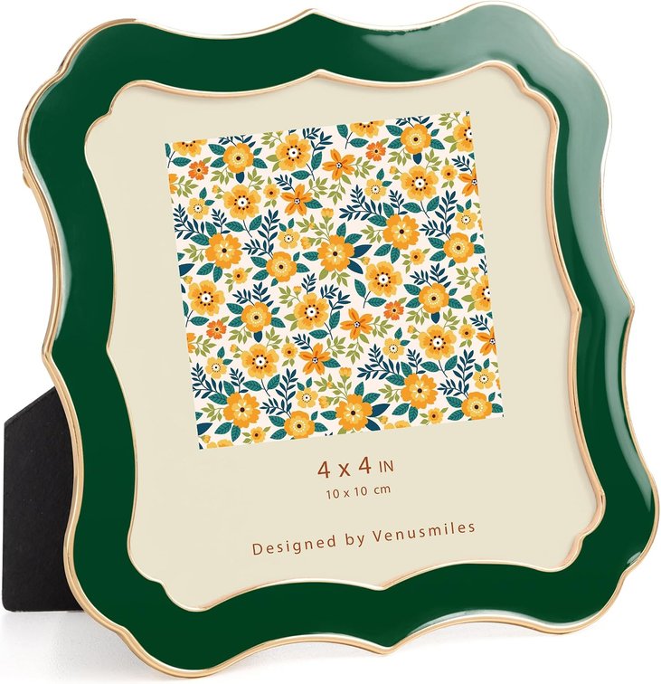 Venusmiles 4x4 Picture Frame, Gold Wavy Cloud Border, Green Enamel, 1pc