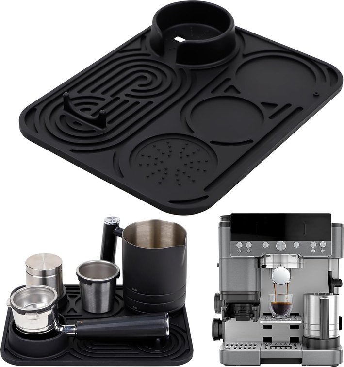 Silicone Coffee Mat - Universal Fit for Ninja Luxe Cafe & Other Machines, Easy Clean Non-Slip Espresso Mat, Protects Countertops & Holds Accessories (Black)