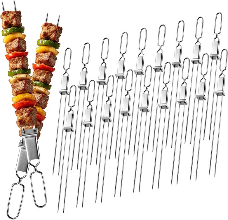 Metal Skewers, 16" 20PCS , Double Pronged Flat Stainless Steel with Slider