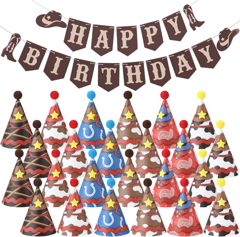 AmazingSpark 25 Pcs Western Cowboy Birthday Party Set Includes 24 Brown Cone Hats with Pompoms 1 Happy Birthday Banner for Western Farmhouse Rustic Country Party Decorations Photo Props