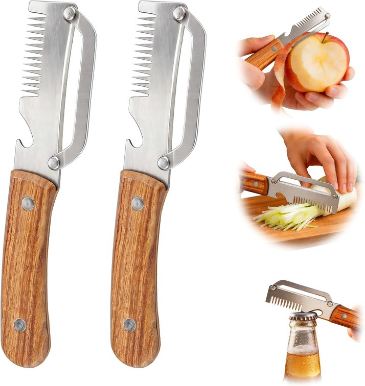 4 Total Vegetable Peeler, 3-in-1 Julienne Peeler with Wooden Handle and Bottle Opener, Multifunctional Kitchen Tool for Potato Carrot Cucumber Pumpkin Squash Fruit(2 Pack)