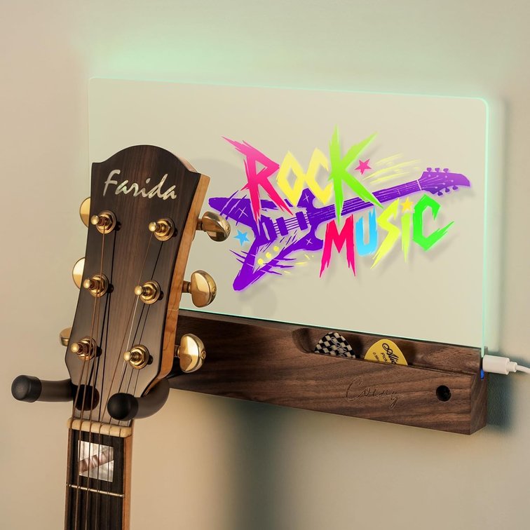 Guitar Wall Mount with RGB LED Drawing Board,Diy Writable with 7-color markers,Walnut Wood&Rotating Iron Hook for Acoustic/Electric Guitar/Bass Display, Idel Gift for Musicians,with USB no Adatper