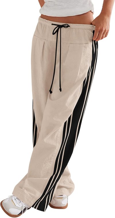 Size Medium Pants for Women Wide Leg Side Striped Pants Drawstring Baggy Palazzo Work Trousers with Pockets