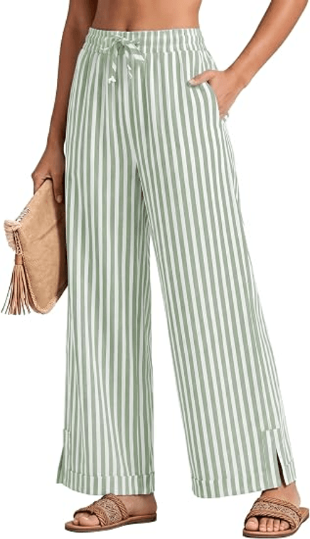 MEDIUM - Womens Wide Leg Striped Palazzo Pants Casual Summer Elastic Waisted Beach Lounge Trousers with Pockets