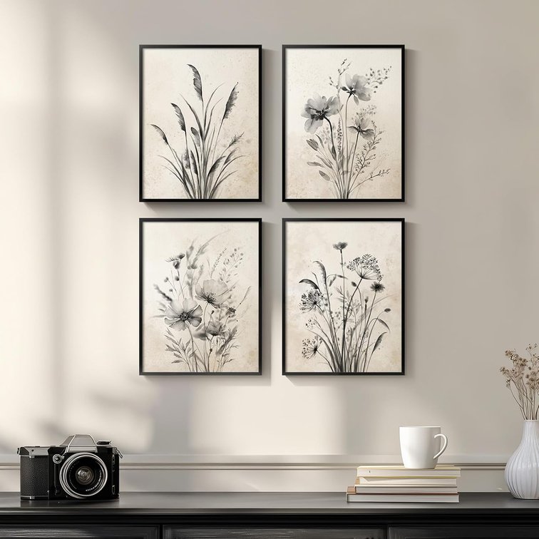 Framed Vintage Rustic Farmhouse Botanical Floral Wall Art, 4 Piece 11x14 In