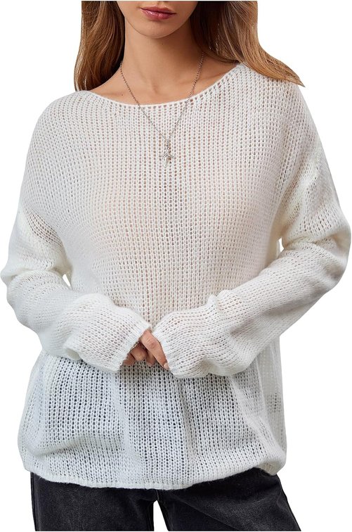 Size Small RoseSeek Women's Sheer Crochet Sweaters See Through Long Sleeve Knit Loose Pullover Tops