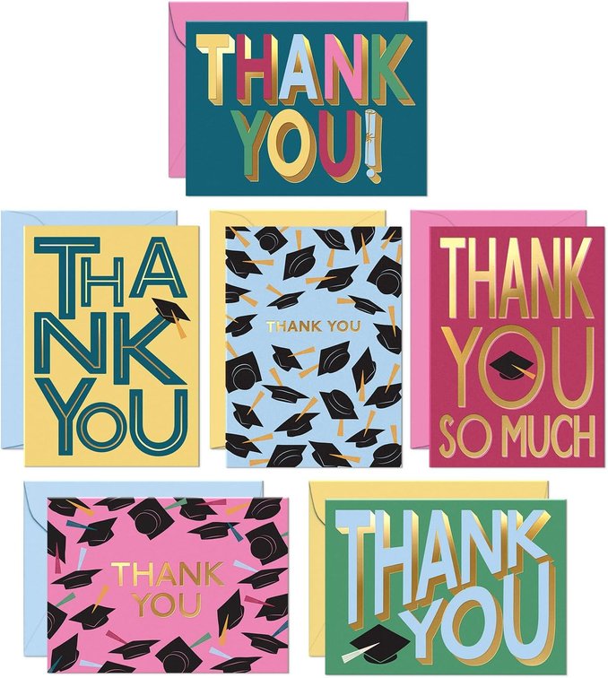 Sweetzer&Orange Set of 24 Fun Graduation Thank You Cards with Envelopes - Teacher Greetings for High School & College Graduate - Cute Appreciation Notes for Happy Convocation - College Decor Note
