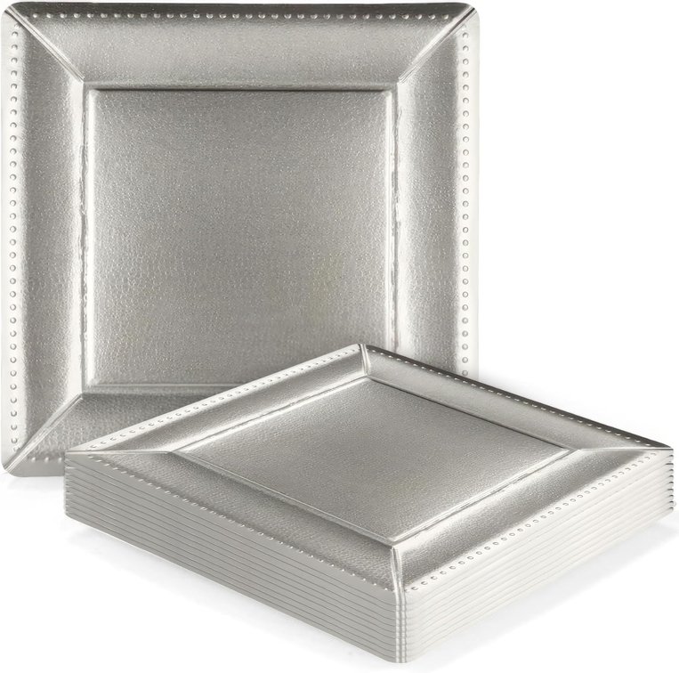 Kaya Luxurious Silver Square Edge Beaded Paper Disposable Charger Plates - 13" (Pack of 10) - Elegant and Eco-friendly - Perfect for Weddings, Parties, and Celebrations, Large