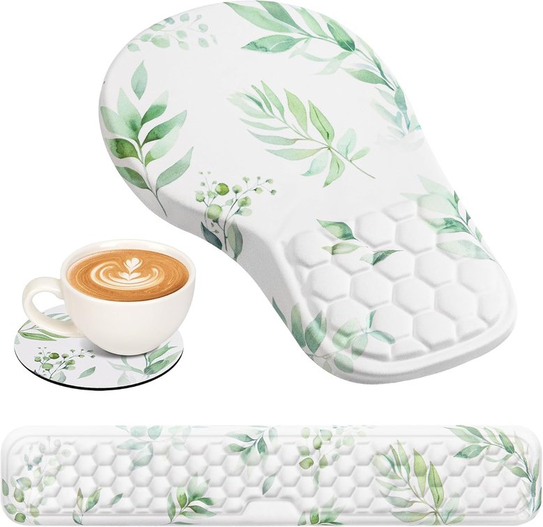 EYROZILL 3 in 1 Ergonomic Mouse Pad and Keyboard Wrist Rest, Cute Mouse Pad with Wrist Support Massage Design, Non-Slip Wrist Pad for Mouse, Desk Mouse Set (Green Plant), BGA04902C01609ELZ