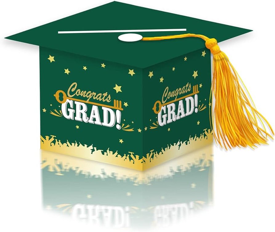 2026 Graduation Party Card Box, Green Gold Congrats Cap Card Holder Box with Tassel for 2026 Graduation Party Decoration