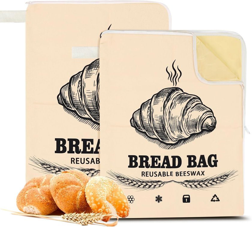 2 Pack Wide Zipper Access Beeswax Bread Bags for Sourdough Bread (Beige)