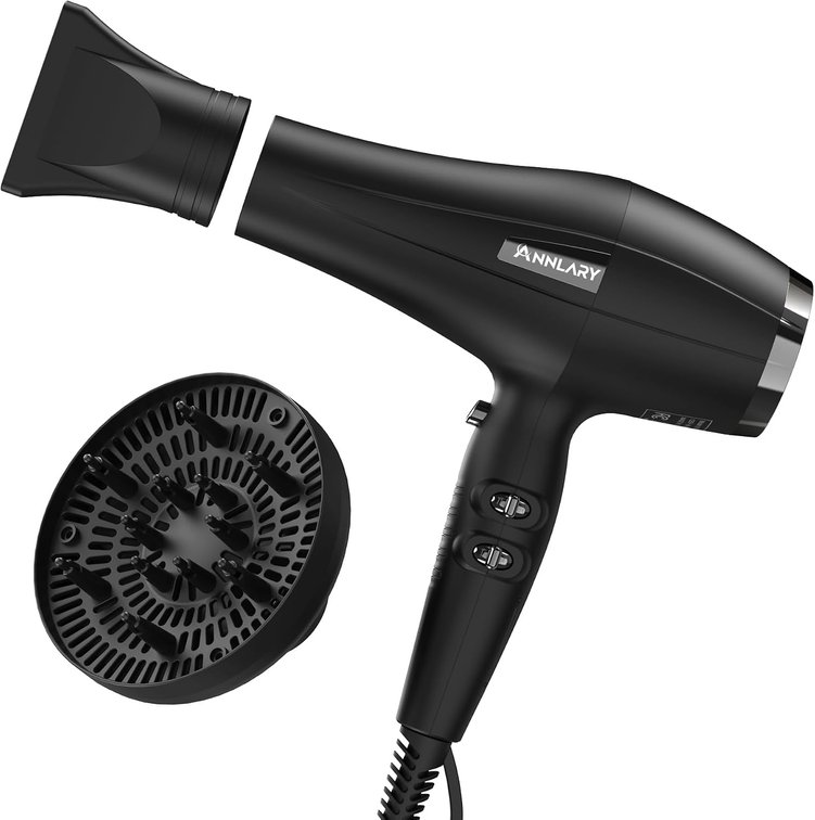 ANNLARY Professional 1875W Hair Dryer with Diffuser, Ionic Blow Dryer, Powerful AC Motor Hairdryer with 8.2Ft Cord for Women & Men, Fast-Drying Blow Dryer with Nozzle for Home, Salon
