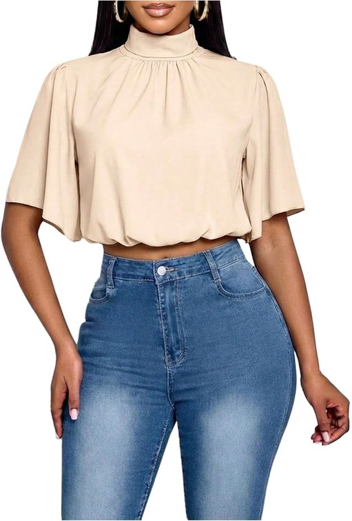 Size Medium Women's Ruched Blouses Mock Neck 3/4 Sleeve Cropped Shirt Dressy Business Work Casual Crop Tops