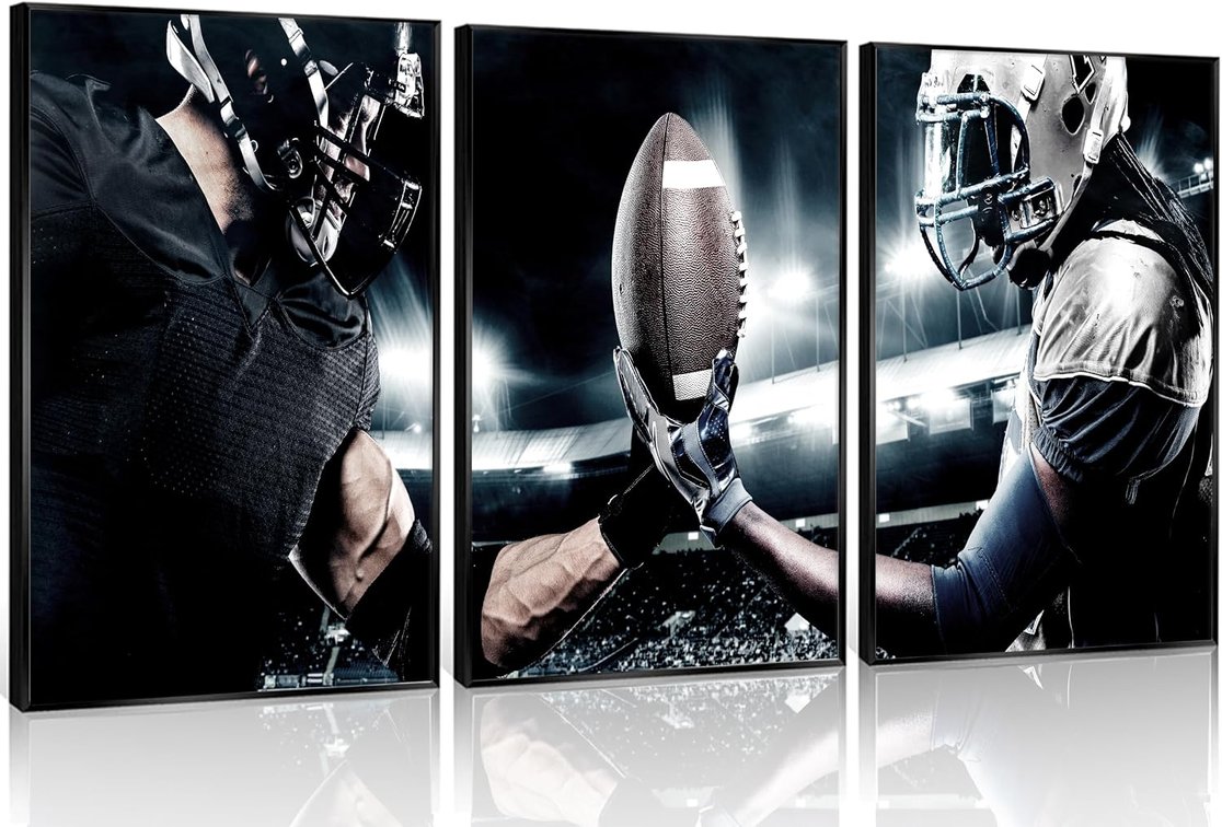 3Pcs American Football Unframed Canvas Wall Art, Stadium Man Cave Decor