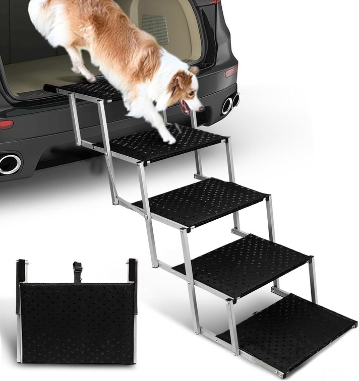 Foldable Dog Stairs for Car,17" Extra Wide Pet Ramp for Large Dog,5 Steps
