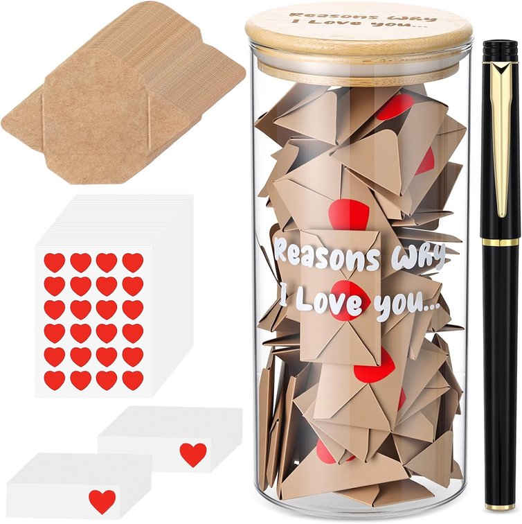 Mimorou I Love You Because Jar Love Message Jar with 120 Envelopes, 120 Note Cards, 120 Heart Stickers, and 1 Pen, Bridal Couple Gifts for Mother Girlfriend Boyfriend Birthday Wife Husband