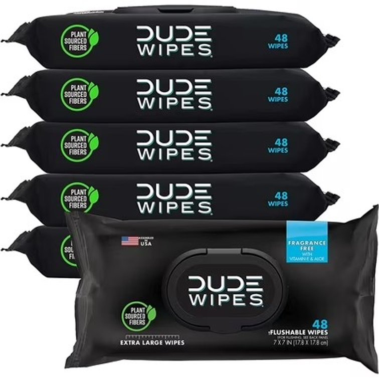 DUDE Wipes Unscented XL Flushable Wipes, 6 Flip-Top Packs, 48 Wipes per Pack, 288 Total Wipes