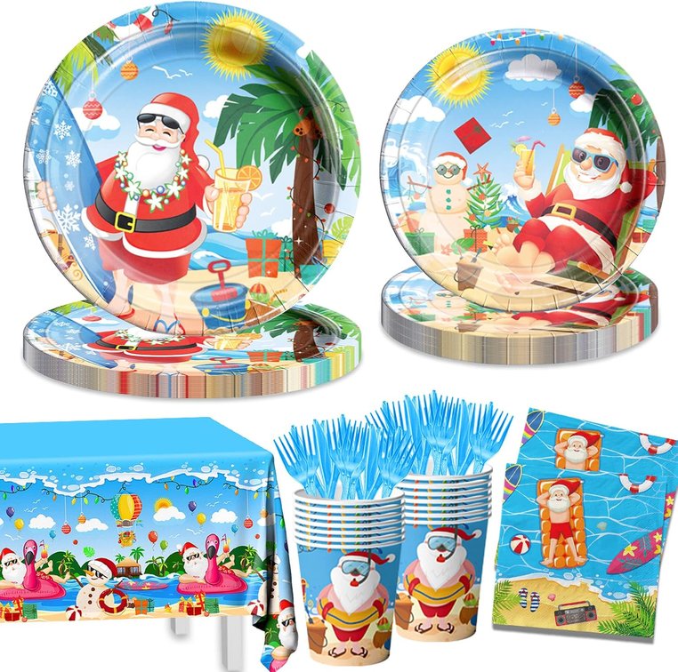 Summer Christmas Tableware Party Decorations Serves 24 Hawaiian Christmas Xmas Party Supplies Disposable Paper Plates,Napkins,Cup,Tablecloth,Forks and Knives