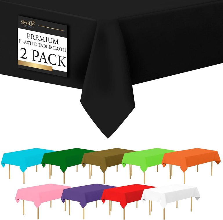 Amcrate Black Plastic Tablecloth Disposable, 2 Pack Premium Tablecloths for Rectangle Tables 54 inch. x 108 inch. Fits Tables Up to 8 Feet, Plastic Table Cloth for Party, Wedding, Holidays