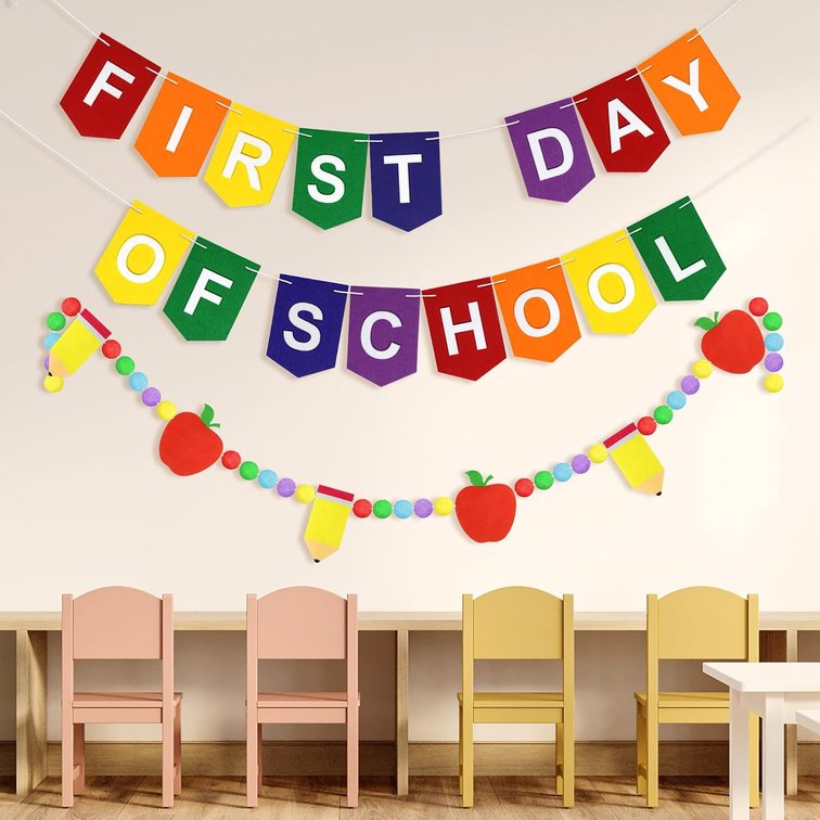3 Pcs First Day Of School Banner Decor Apple Pencil Felt Garland Banner Back To School Garland Decor for First Day of School Classroom Mantle Home Wall Party Supplies