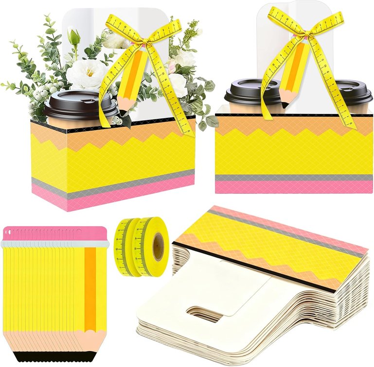 50 Pack Back to Schools 2 Cup Drink Carrier Teacher Appreciation Gifts Pencil Drink Cup Holder with Ribbon Card for Classroom Graduation Teachers Thank You Day