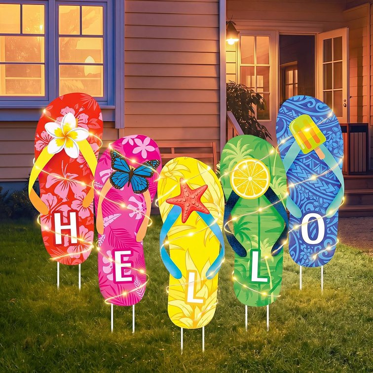 Xuhal 5 Pcs Summer Yard Signs 24 Inch LED Flip Flops Decorations with Stakes Slippers Hello Summer Signs Outdoor Beach Yard Decoration Waterproof for Patio Walkway Courtyard Garden Pool Lawn Party