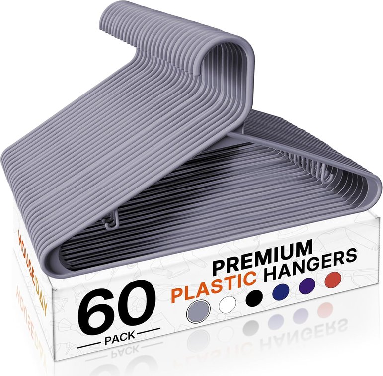 HOUSE DAY Grey Plastic Hangers 60 Pack, Slim Space-Saving Clothes Hangers