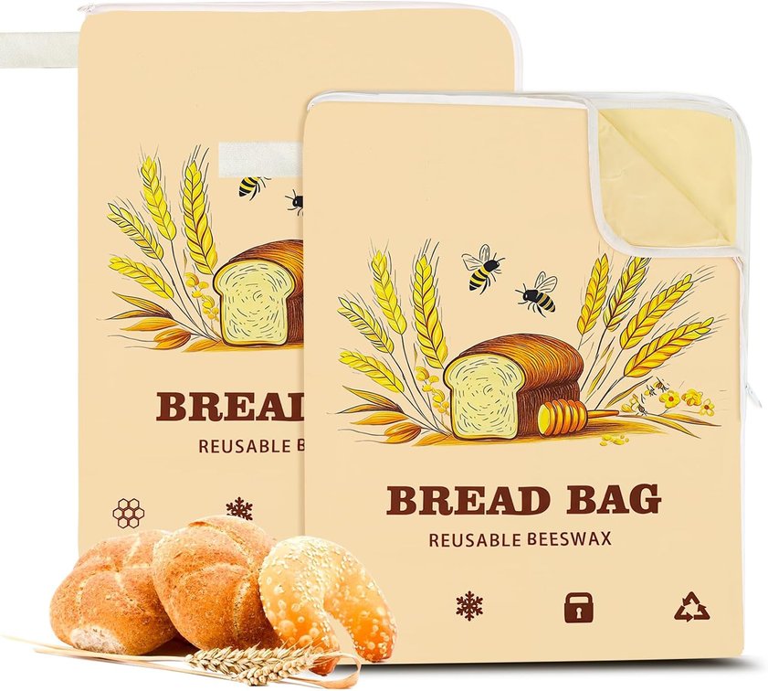 2 Pack Wide Zipper Access Beeswax Bread Bags for Sourdough Bread (Oatmeal)